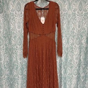 Women's Free People Guinevere Lace Maxi Dress Brown Sugar - Large